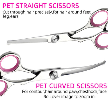 Pink and Silver Complete 5-Piece Pet Grooming Scissors Kit - Stainless Steel Straight, Curved & Thinning Shears with Comb & PU Case (6.0 Inch) - view 2