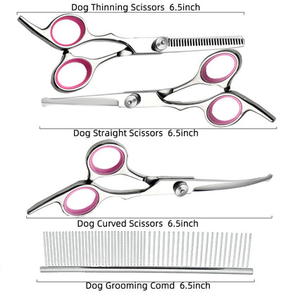 Pink and Silver Complete 5-Piece Pet Grooming Scissors Kit - Stainless Steel Straight, Curved & Thinning Shears with Comb & PU Case (6.0 Inch) - view 3