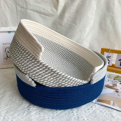 Grey and White Chic Two-Tone Woven Cotton Rope Cat Bed - Cozy Handmade Pet Nest & Storage Basket - view 2
