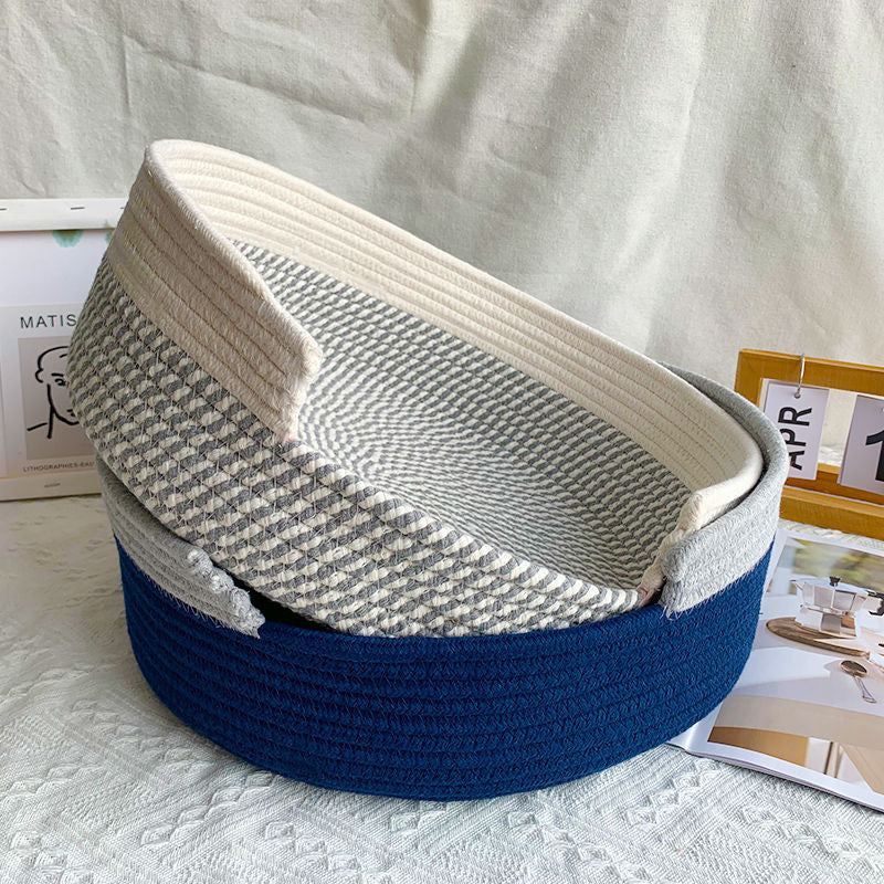 Blue and White Chic Two-Tone Woven Cotton Rope Cat Bed - Cozy Handmade Pet Nest & Storage Basket - view 2