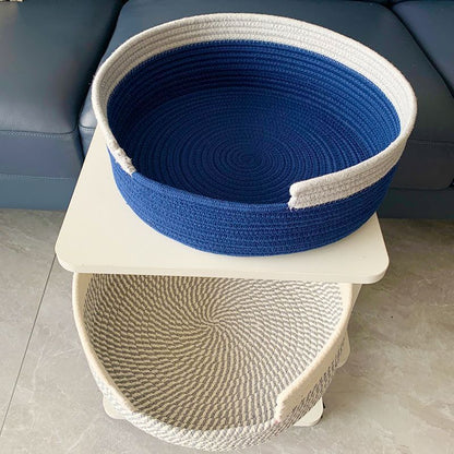 Blue and White Chic Two-Tone Woven Cotton Rope Cat Bed - Cozy Handmade Pet Nest & Storage Basket - view 3
