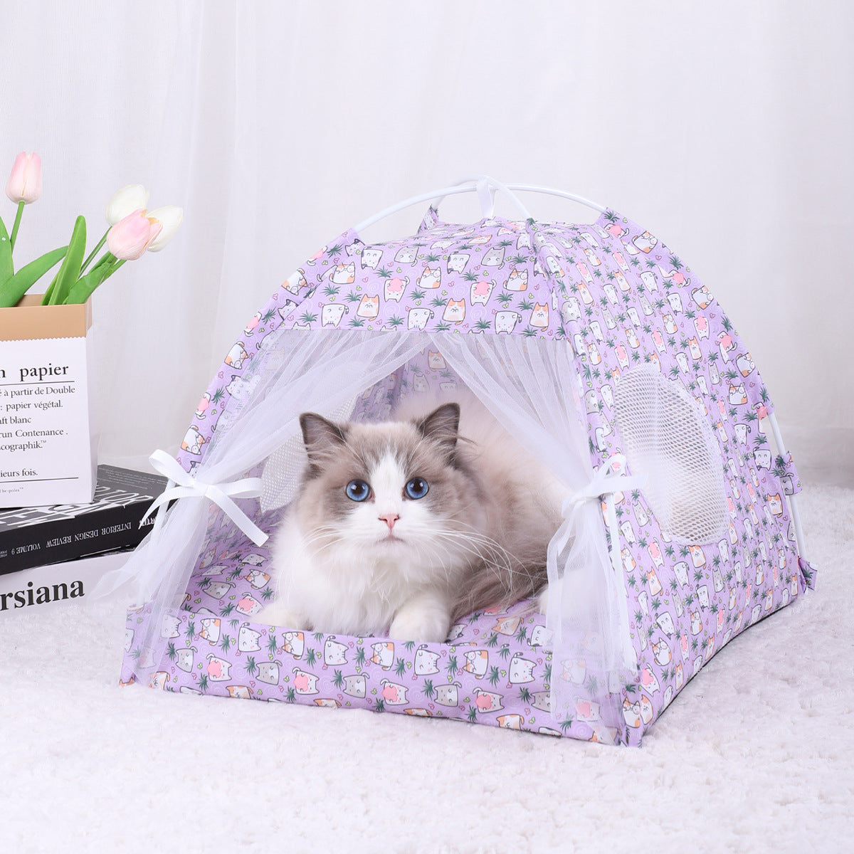 M 40x40CM 10 Catties Within The Pet Purple Cat Cooling Summer Pet Tent - Portable Foldable Breathable Outdoor Cat House Shelter