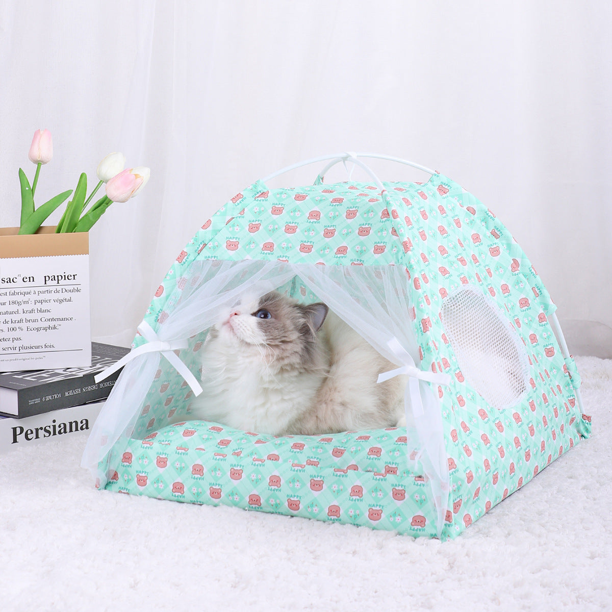 L 50x50CM 15 Catties Within The Pet Green Bear Cooling Summer Pet Tent - Portable Foldable Breathable Outdoor Cat House Shelter