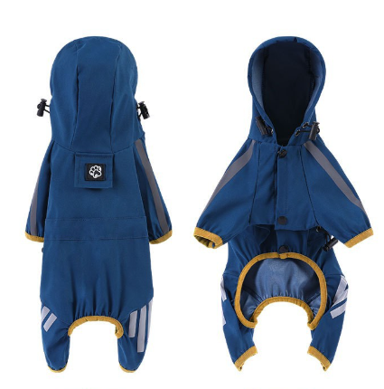 XL Blue And Gray Trim Waterproof Four-Legged Dog Raincoat with Leash Hole for Small Breeds