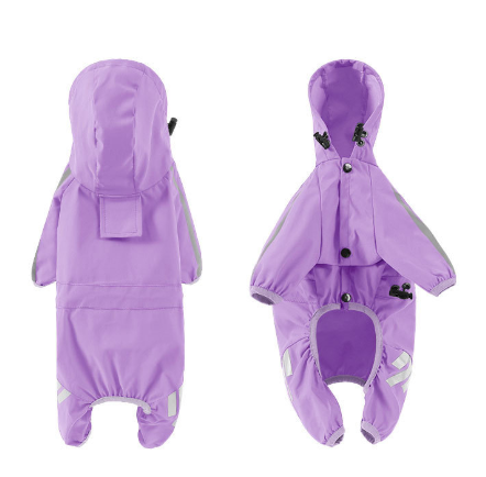 L Purple And Gray Trim Waterproof Four-Legged Dog Raincoat with Leash Hole for Small Breeds