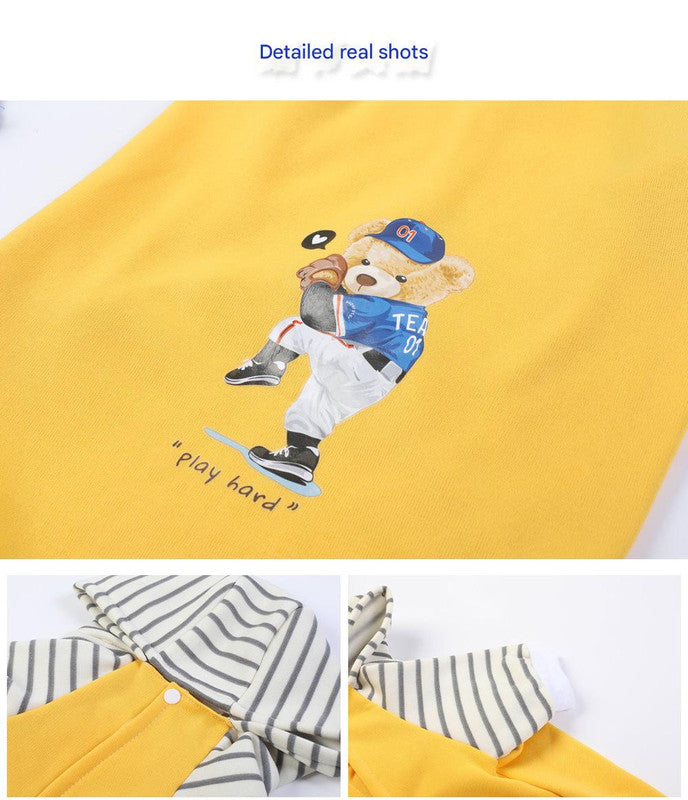 Autumn/Winter Dog Clothes - Grey Hoodie with Striped Hood & Baseball Bear (Size - XL) - view 3