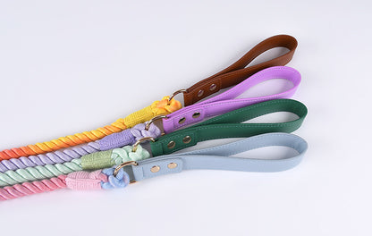 Premium Leather Pet Collar and Leash - Soft, Strong Braided Rope (Pink Purple - Size M) - view 4