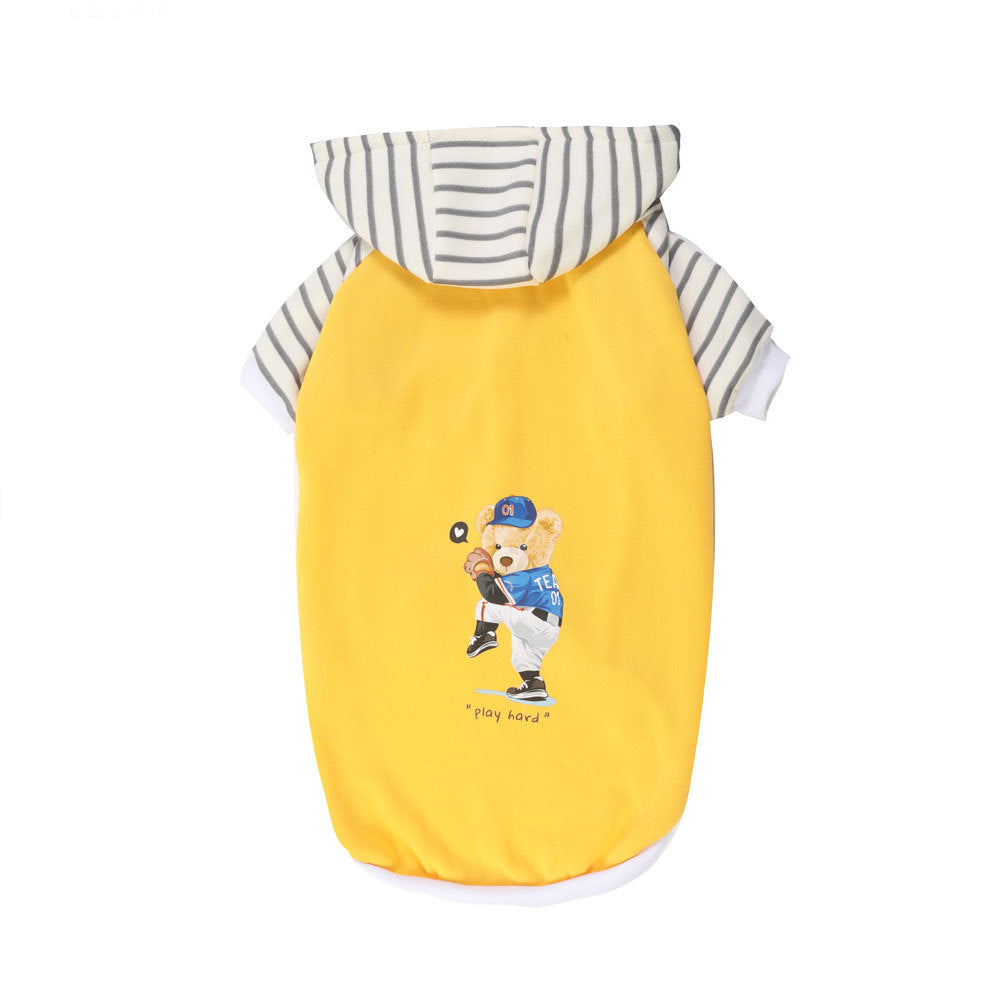 Autumn/Winter Dog Clothes - Yellow Hoodie with Striped Hood & Baseball Bear (Size - 2XL) - view 2