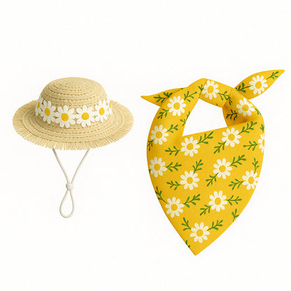 2 Sets Khaki and Yellow Daisy Delight Porch Goose & Small Pet Costume - 2 Summer Straw Hat & 2 Floral Bandana Set - view 2