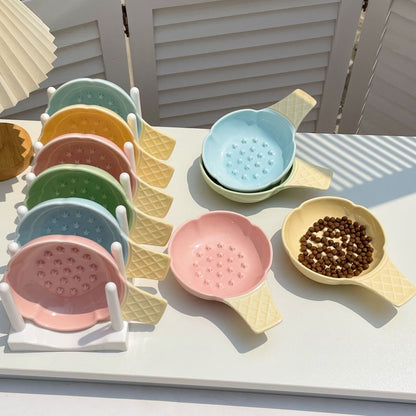 2 Pcs Blue and Yellow Adorable Ice Cream Cone Ceramic Slow Feeder Pet Bowl - Fun Anti-Gulp Design for Cats & Dogs - view 4
