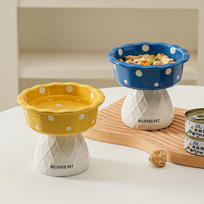 Red Adorable Mushroom Ceramic Elevated Cat Bowl - Anti-Vomiting & Spine Protecting Pet Feeder with Polka Dots - view 3