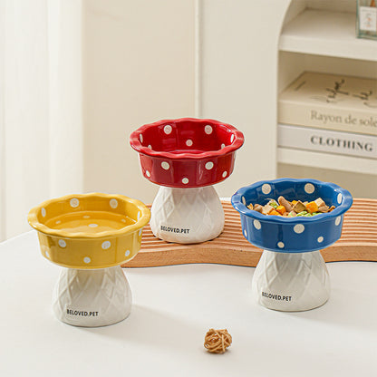 Blue Adorable Mushroom Ceramic Elevated Cat Bowl - Anti-Vomiting & Spine Protecting Pet Feeder with Polka Dots - view 2