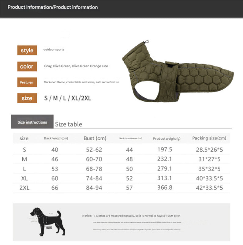 Size S Olive Green Warm Quilted Dog Winter Coat - Adjustable Fleece-Lined Puffer Vest with Reflective Trim & Leash Port - view 4