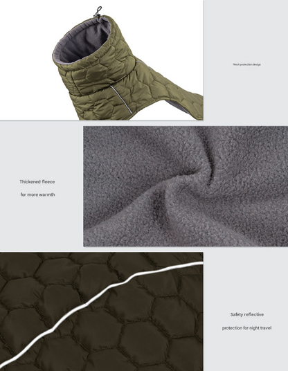 Size XL Olive Green Warm Quilted Dog Winter Coat - Adjustable Fleece-Lined Puffer Vest with Reflective Trim & Leash Port - view 6