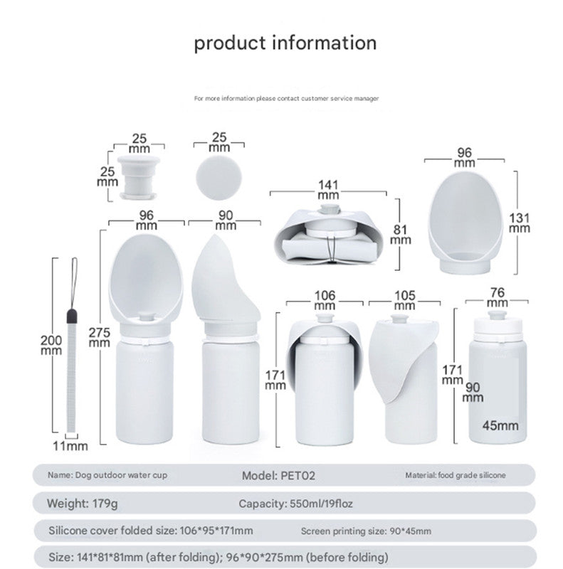 Grey Portable Pet Dog Water Bottle 550ml - Foldable Food-Grade Silicone Travel Drinker with Leak-Proof Dispenser - view 3