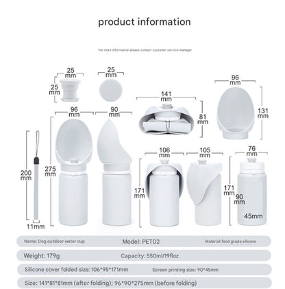 Grey Portable Pet Dog Water Bottle 550ml - Foldable Food-Grade Silicone Travel Drinker with Leak-Proof Dispenser - view 3