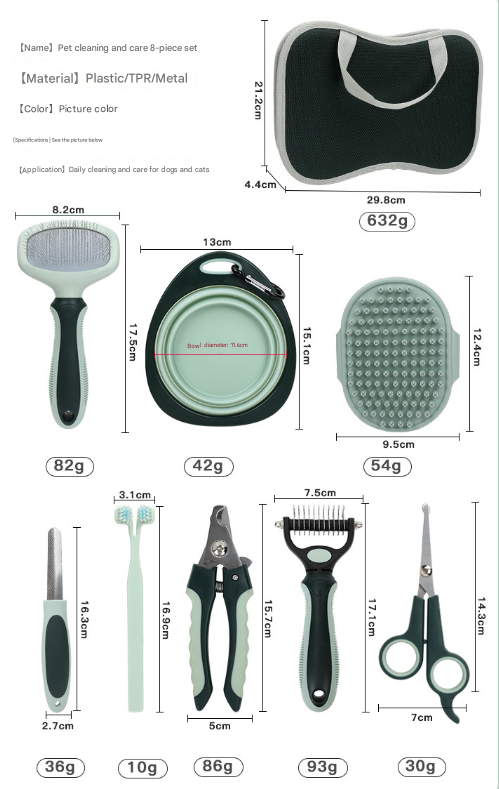 Grey and Green Complete 8-Piece Pet Grooming Kit - Essential Dog & Cat Care Tools with Brushes, Nail Clippers, Scissors & Portable Case - view 3