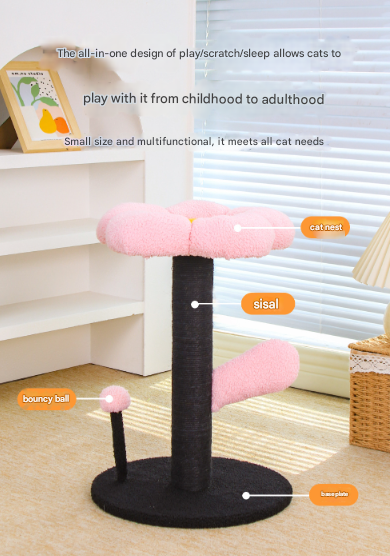 Pink and Black Adorable Flower Cat Tree - Plush Perch, Sisal Scratching Post & Spring Ball Toy - view 3