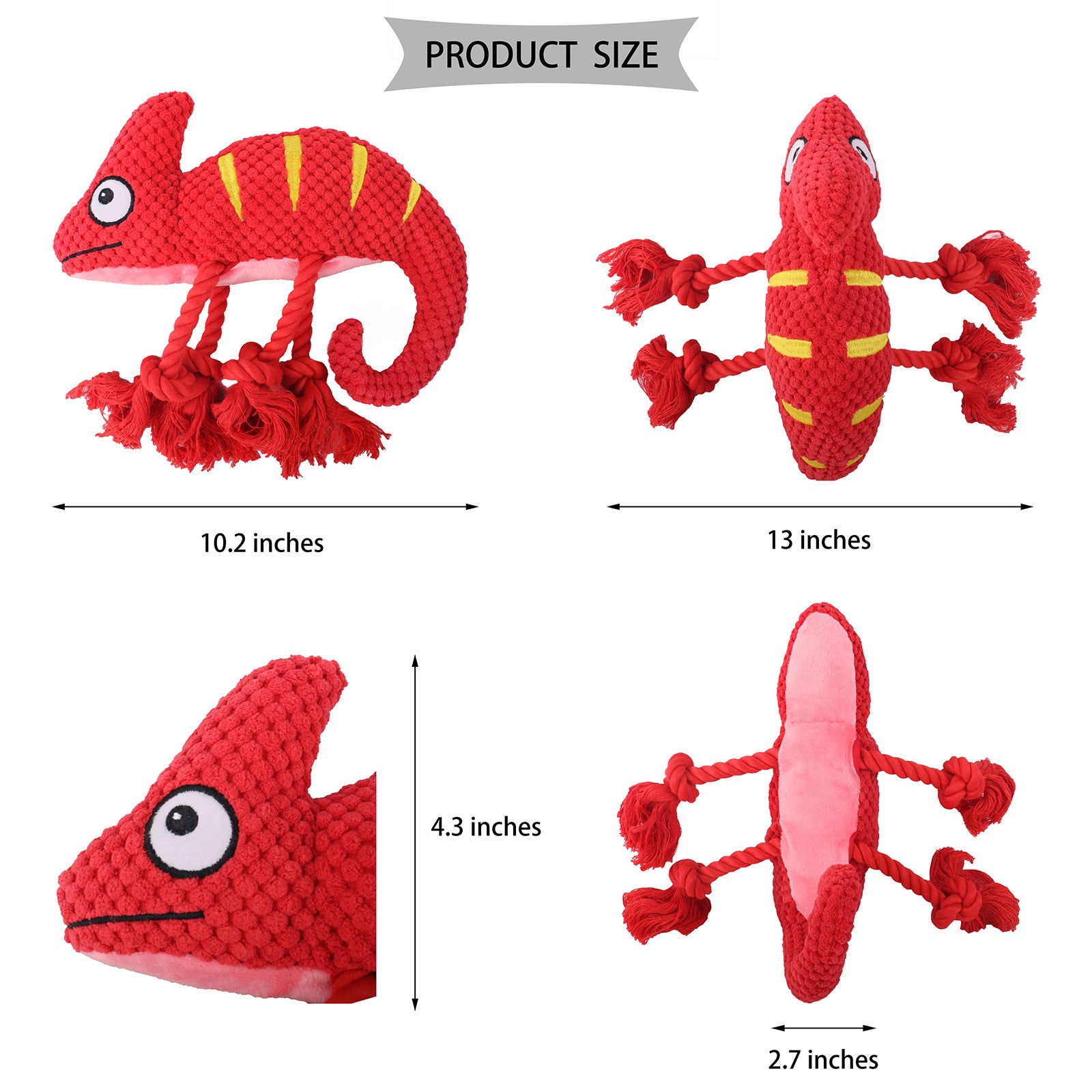 2 Pcs Pink Interactive Plush Chameleon Dog Toy with Squeaker & Rope Legs - Durable Chew Toy for Medium/Large Dogs, Teeth Cleaning Texture, Machine Washable (10.2in) - view 3