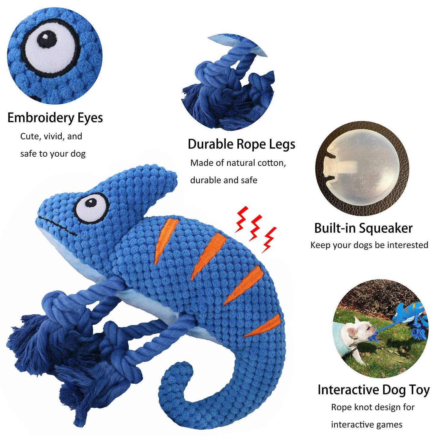 2 Pcs Purple Interactive Plush Chameleon Dog Toy with Squeaker & Rope Legs - Durable Chew Toy for Medium/Large Dogs, Teeth Cleaning Texture, Machine Washable (10.2in) - view 4