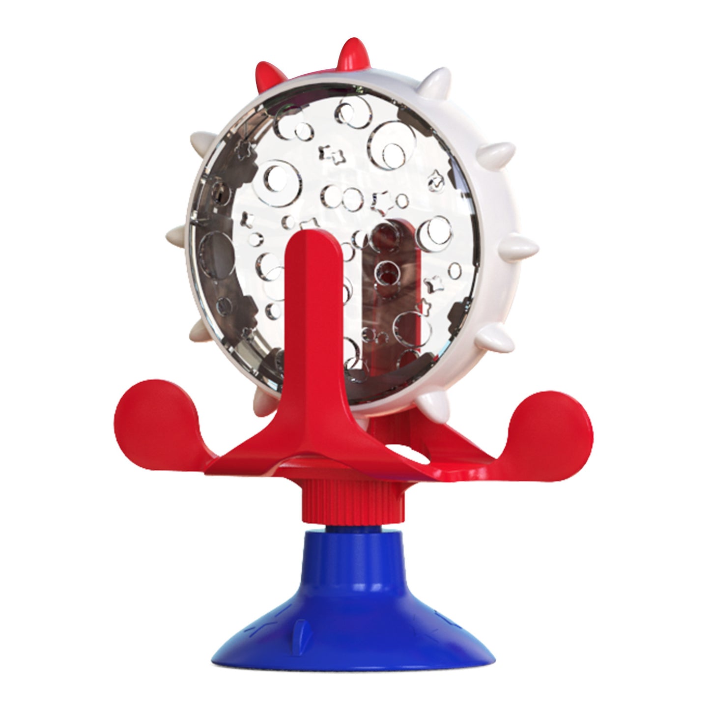 Red,Blue and White Interactive Pet Treat Dispenser - Spinning Wheel Food Puzzle Toy for Cats & Dogs with Suction Cup Base