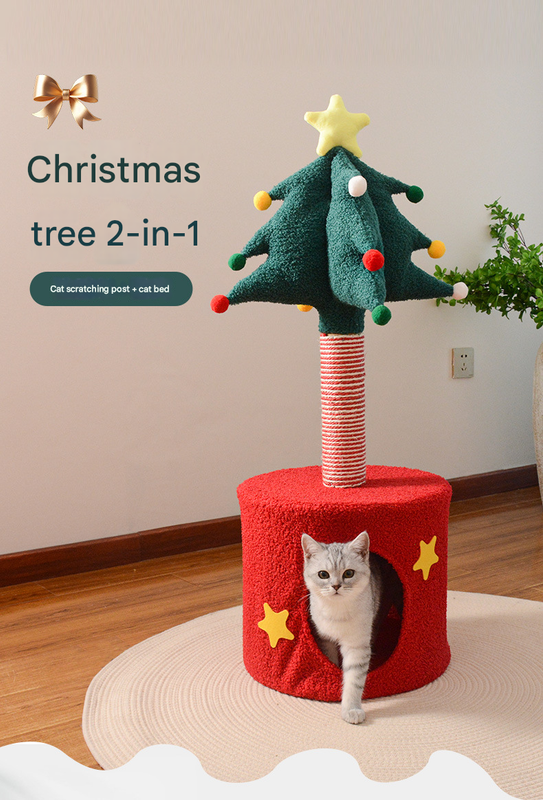 Festive Christmas Tree Cat Scratcher & Condo | 2-in-1 Sisal Post with Cozy Hideaway Bed - view 2