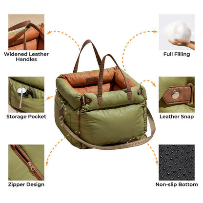 Green and Orange Premium Plush Pet Booster Car Seat - Portable Dog Travel Bed with Non-Slip Base - view 4