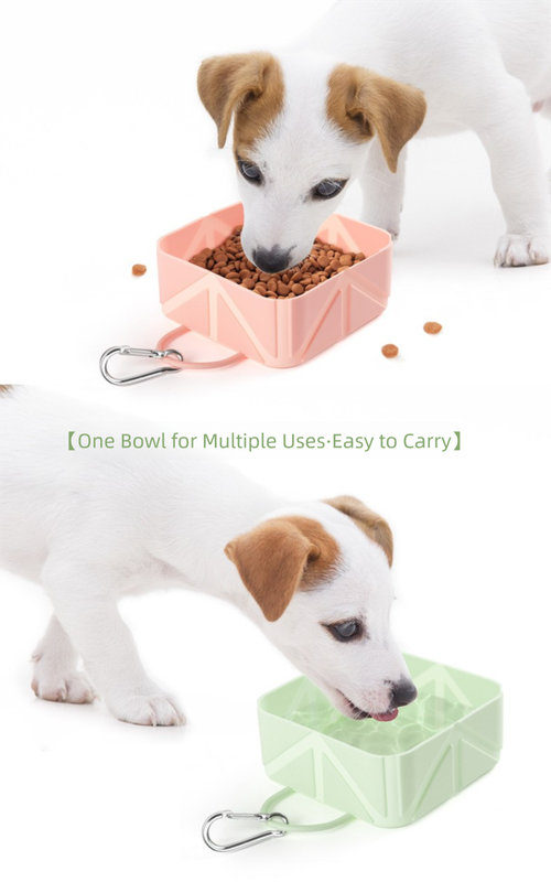 2 Pcs Pink Portable 500ml Collapsible Square Pet Bowl - Silicone Travel Feeder with Carabiner Clip for Dogs & Cats - Lightweight for Camping & Hiking - view 4