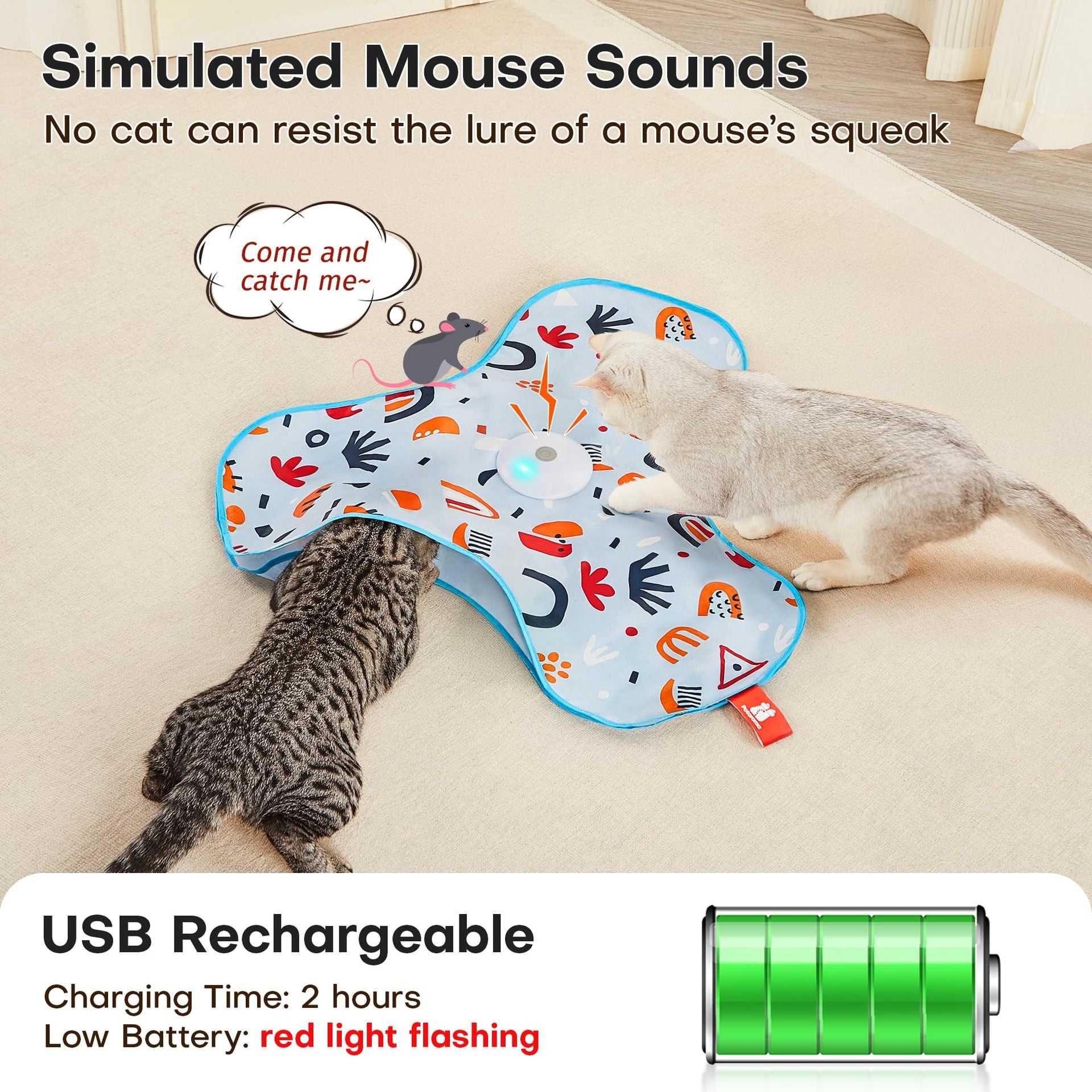 Green Interactive Cat Toys Rechargeable,Moving Concealed Feathers,Real Mouse Squeaky,Touch Activated Cat Kitten Toy Exercise Toys for Indoor Bored Adult Cats - view 5