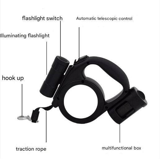 Black 3-in-1 Retractable Dog Leash with LED Flashlight and Waste Bag Dispenser 5m Nylon Lead for Dogs up to 20kg Essential Pet Walking Gear - view 2
