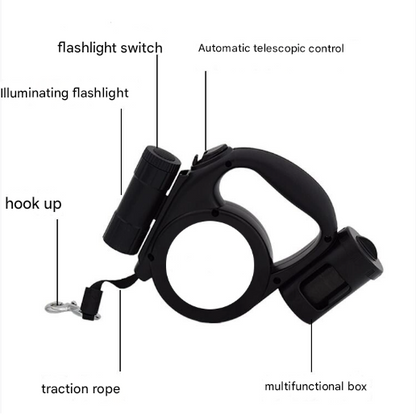 Black 3-in-1 Retractable Dog Leash with LED Flashlight and Waste Bag Dispenser 5m Nylon Lead for Dogs up to 20kg Essential Pet Walking Gear - view 2