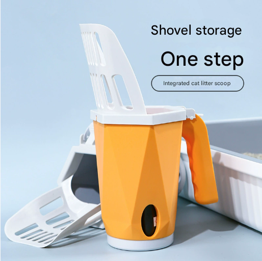 Yellow 2-in-1 Cat Litter Scoop with Attached Waste Bin Integrated Poop Scooper Holder Detachable Kit with 150 Degradable Bags - view 2