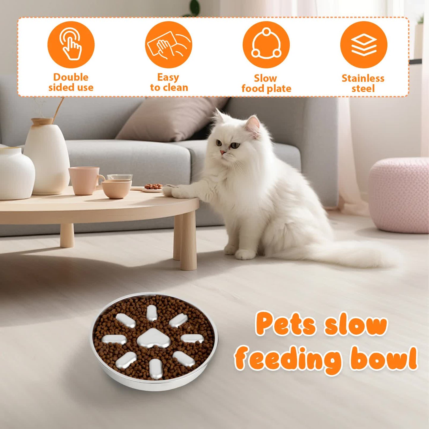 2-Pack Reversible Heavy-Duty 304 Stainless Steel Slow Feeder Bowl(23x23x3.5CM) - Anti-Slip/Tip Pet Dish for Dogs & Cats to Prevent Bloating and Choking - view 2