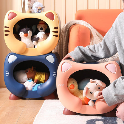 Yellow Cute Cat-Themed Stackable Storage Bin - Multi-purpose Pet Bed & Toy Organizer - view 3