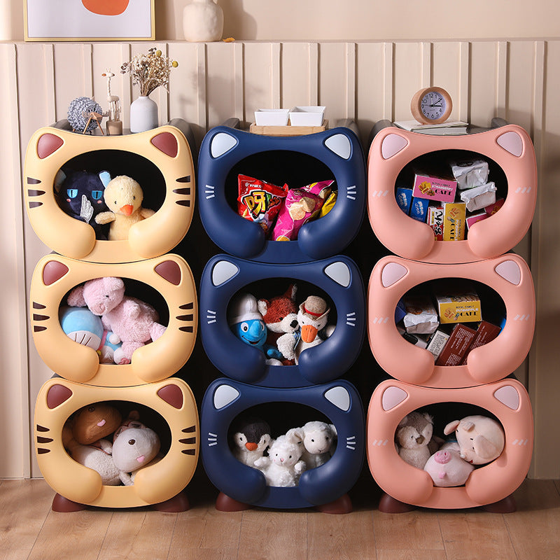 Blue Cute Cat-Themed Stackable Storage Bin - Multi-purpose Pet Bed & Toy Organizer - view 4
