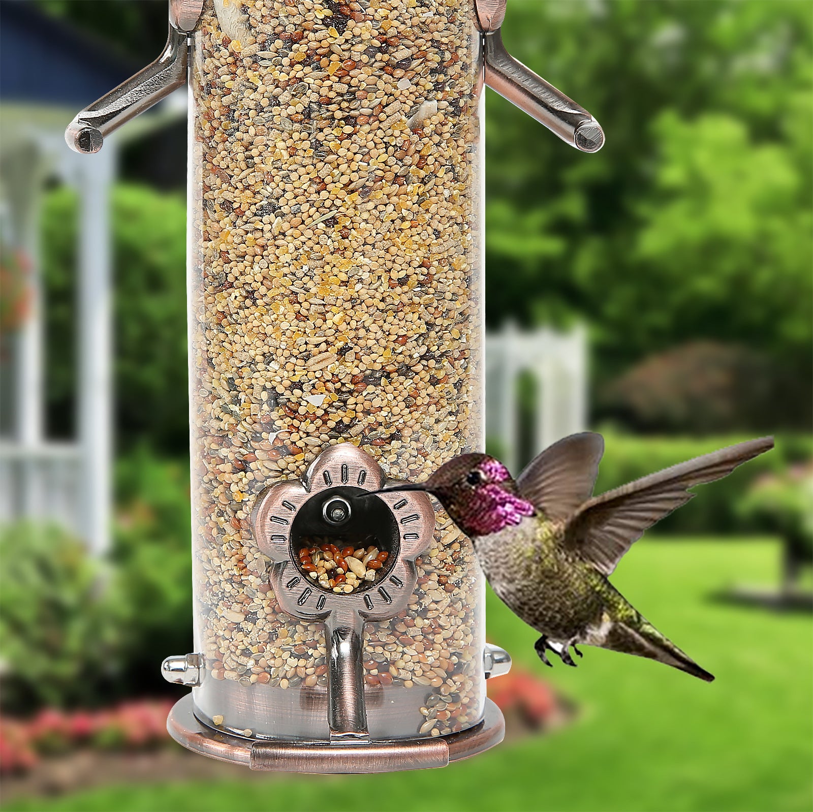 Hanging Metal Wild Bird Feeder Weatherproof Outdoor Garden Bird Food Dispenser with 4 Feeding Ports and Perches - view 3
