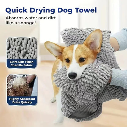 Blue Super Absorbent Pet Bath Towel with Hand Pockets Quick Dry Chenille Microfibre for Dogs and Cats Large Size 62cm - view 3