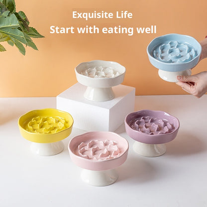 Blue Ceramic Elevated Slow Feeder Bowl Raised Pet Dish 310ml Anti-Vomit Puzzle Design for Cats and Small Dogs Healthy Digestion Sturdy Base - view 2
