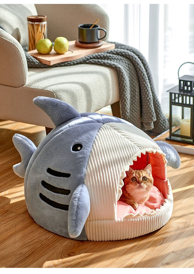 Novelty Shark Pet Cave Bed Enclosed Cozy Sleeping Nest for Cats and Small Dogs Soft Flannel Year Round Comfort Light Blue M Size - view 2