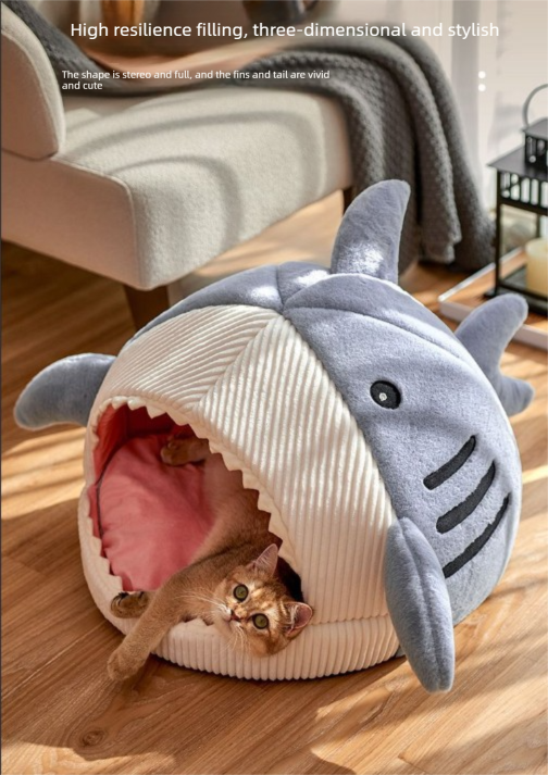 Novelty Shark Pet Cave Bed Enclosed Cozy Sleeping Nest for Cats and Small Dogs Soft Flannel Year Round Comfort Light Gray M Size - view 2