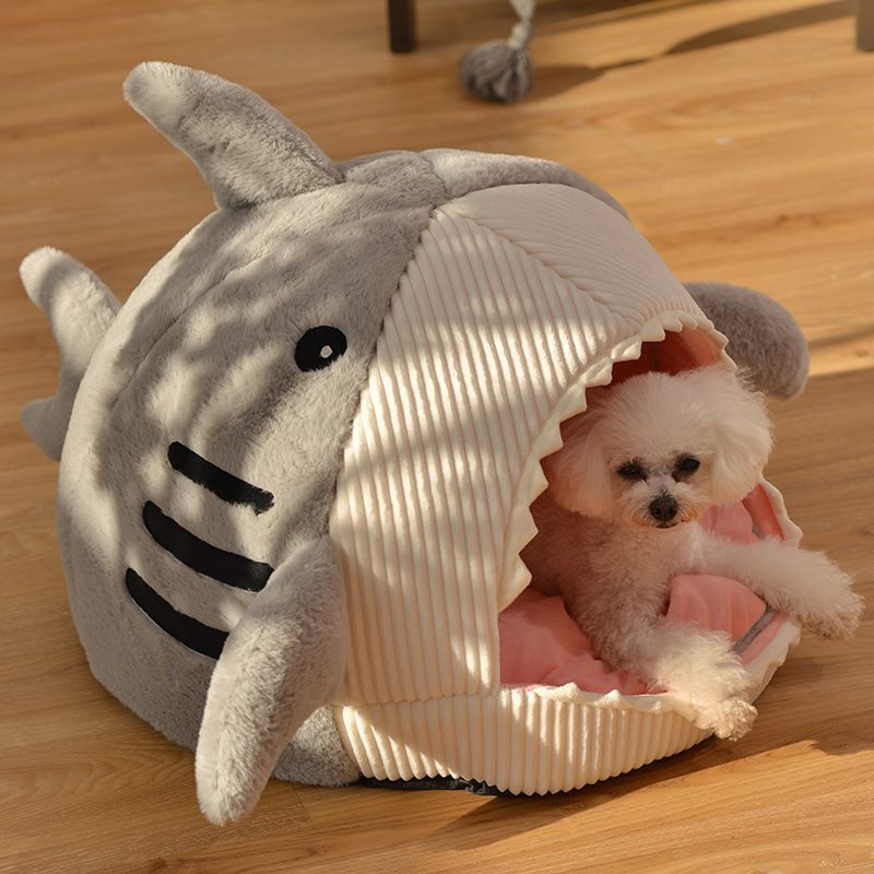 Novelty Shark Pet Cave Bed Enclosed Cozy Sleeping Nest for Cats and Small Dogs Soft Flannel Year Round Comfort Light Blue L Size - view 4