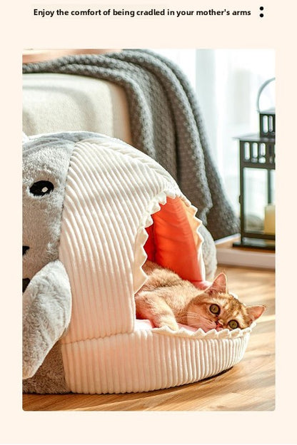 Novelty Shark Pet Cave Bed Enclosed Cozy Sleeping Nest for Cats and Small Dogs Soft Flannel Year Round Comfort Light Gray L Size - view 6