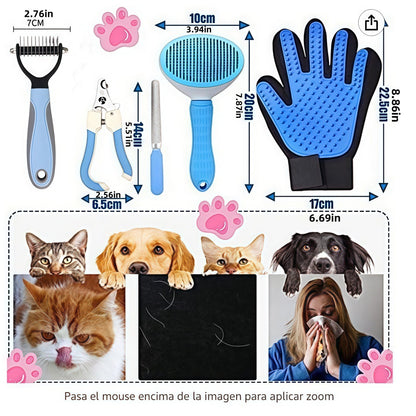 5-in-1 Pet Grooming Kit Blue - Stainless Steel Deshedding Rake, Self-Cleaning Slicker Brush, Grooming Glove & Nail Trimmer Set for Dogs & Cats - view 3