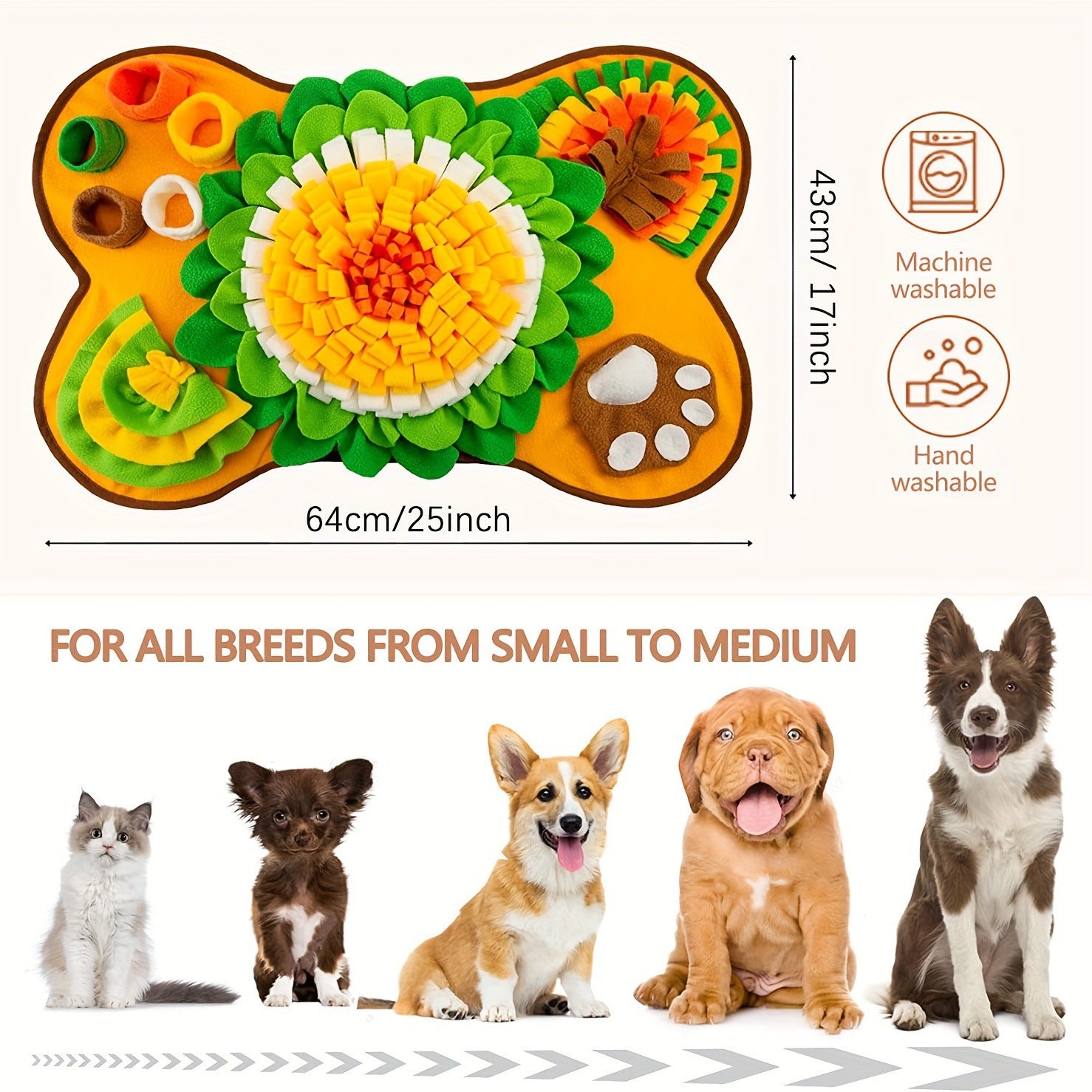 Interactive Dog Snuffle Mat Bone Shape 64x43cm - Slow Feeder & Foraging Puzzle Toy - Golden Yellow Fleece Nosework Pad for Anxiety Relief & Mental Stimulation - view 5