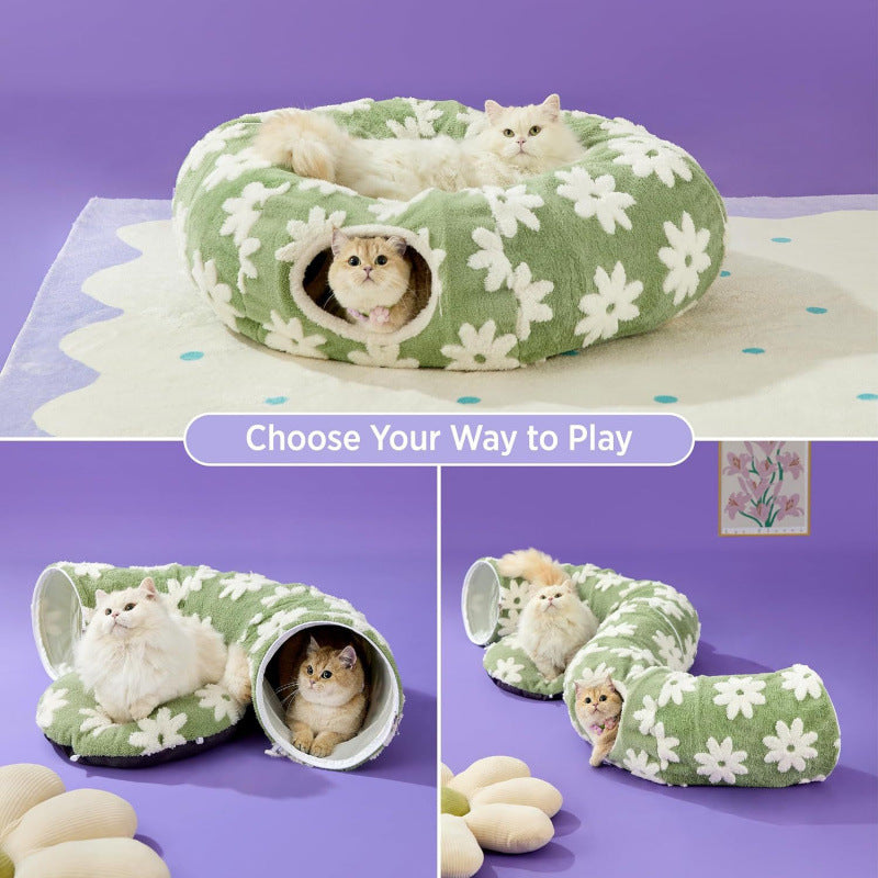 2-in-1 Cat Tunnel Bed Green Daisy 80cm - Plush Donut Pet Cave & Play Tube - Detachable Washable Cushion & Interactive Hanging Toy for Indoor Cats - view 4