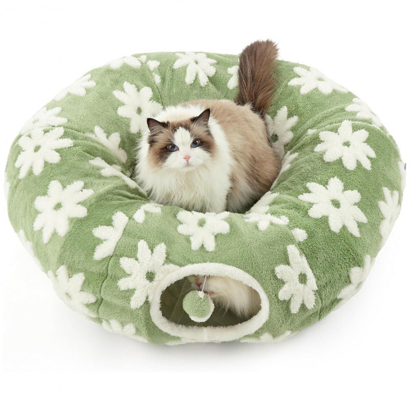 2-in-1 Cat Tunnel Bed Blue Daisy 80cm - Plush Donut Pet Cave & Play Tube - Detachable Washable Cushion & Interactive Hanging Toy for Indoor Cats - view 5
