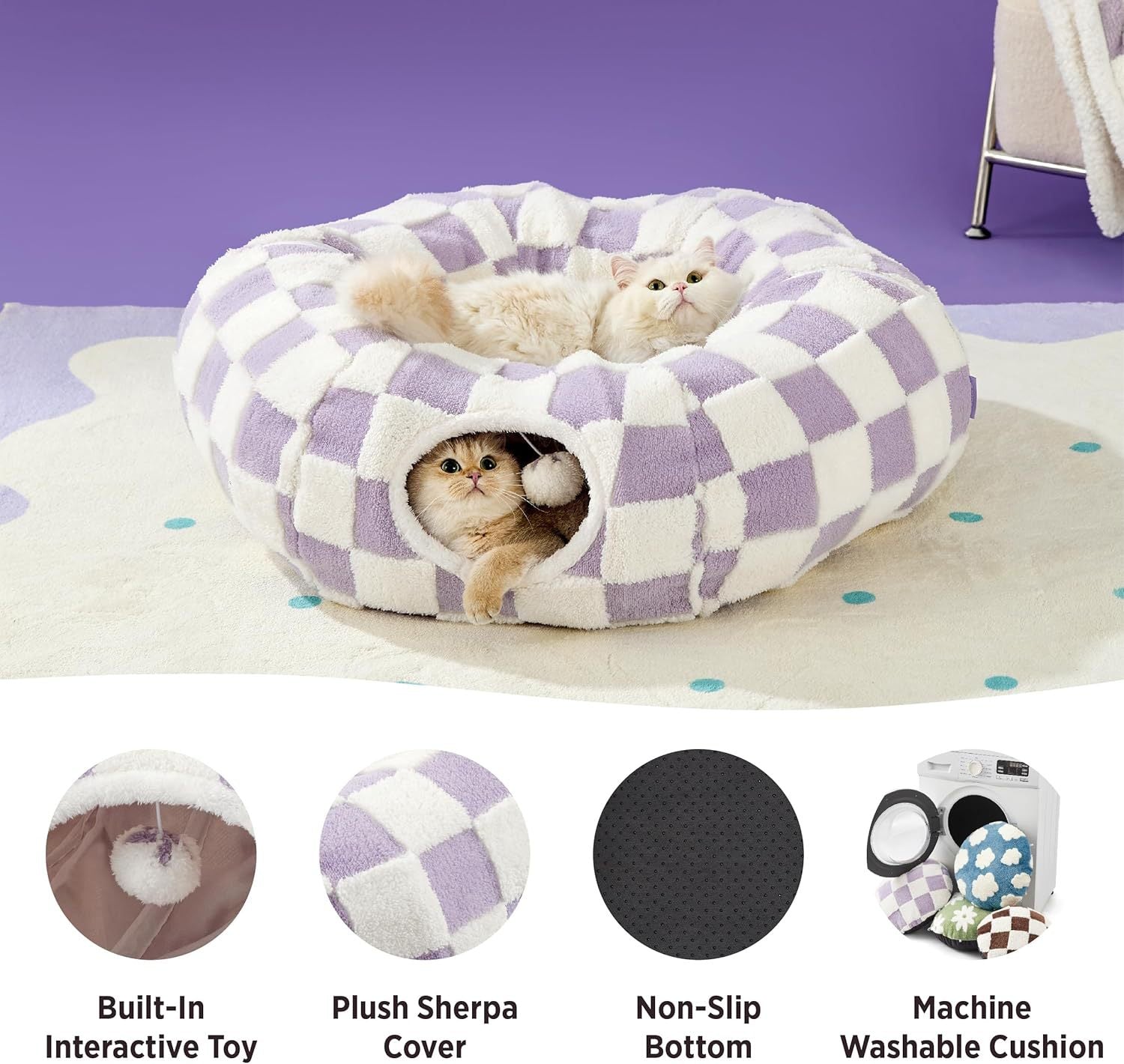 2-in-1 Cat Tunnel Bed Blue Daisy 80cm - Plush Donut Pet Cave & Play Tube - Detachable Washable Cushion & Interactive Hanging Toy for Indoor Cats - view 8