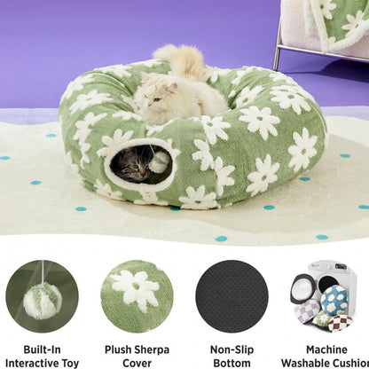 2-in-1 Cat Tunnel Bed Coffee Brown Daisy 80cm - Plush Donut Pet Cave & Play Tube - Detachable Washable Cushion & Interactive Hanging Toy for Indoor Cats - view 3