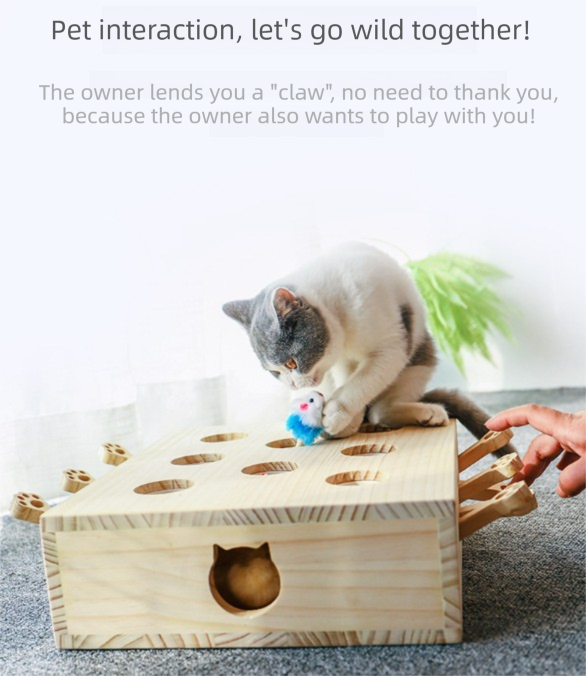 Interactive Wooden Cat Toy Whack-A-Mole Box - Solid Pine Puzzle Game with Pop-Up Plush Mice - Mental Enrichment & Bonding for Indoor Cats - view 4