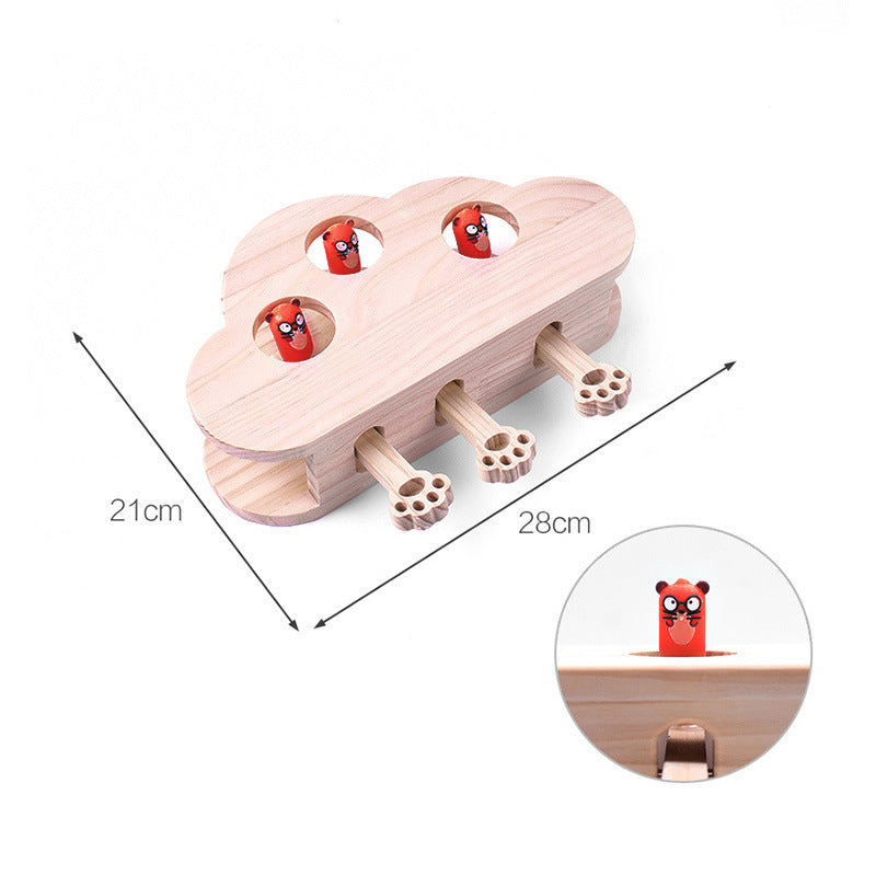 Interactive Wooden Cat Toy Whack-A-Mole Box - Solid Pine Cloud Puzzle with Pop-Up Cartoon Figures - Mental Enrichment & Bonding Game for Indoor Cats